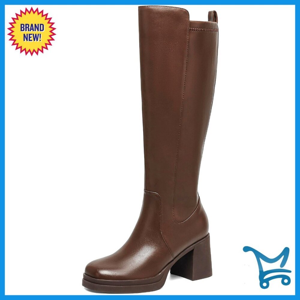 Women's Knee High Platform Boots Chunky Heel Square Toe Side Zipper